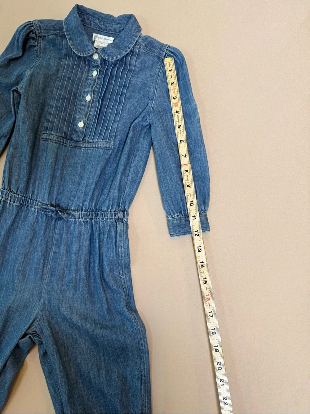 Ralph Lauren Blue Denim Long-Sleeve Girls' Jumpsuit, Size 24 Months.